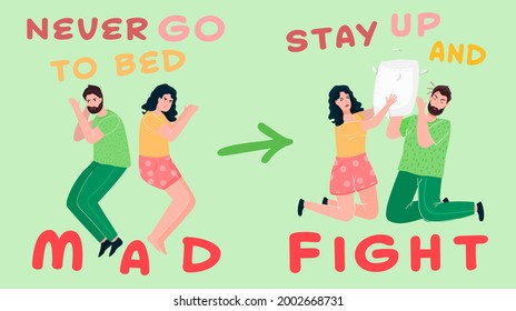 Geh nie ins Bett und kämpft mit jemandem, den du liebst. Eheprobleme. Bearbeitbare Vektorgrafik in hellen Farben einzeln auf dunklem Hintergrund. Portrait-Poster. Vertikales Banner. Flacher Cartoon-Stil
