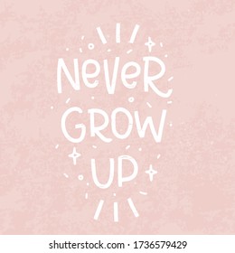 Never grow up James Matthew Barrie quote girly vector design with vintage lettering and blush pink background with twinkle star filling clipart. Peter Pan traditional saying for a kids birthday card.