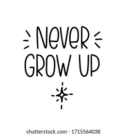 Never grow up lettering with shining star clip art. Classic popular kids book quote vector design for a Birthday card.