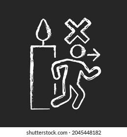 Never leave burning candle chalk white manual label icon on dark background. Large flame danger. Unattended candles. Isolated vector chalkboard illustration for product use instructions on black
