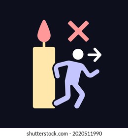 Never leave burning candle RGB color manual label icon for dark theme. Isolated vector illustration on night mode background. Simple filled line drawing on black for product use instructions