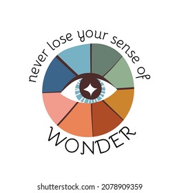 Never loose your sense of wonder text and the eye on the rainbow circle background. Inspirational card, motivational banner, esoteric t-shirt design. Vector hand-drawn isolated illustration.