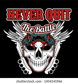 never quit the battle,skull and knife knuckle with wings hand drawing vector