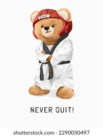 nie kündigen Slogan mit Bärenpuppe in taekwondo athletische Uniform Vektorgrafik