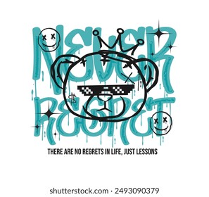 never regret slogan with outline bear doll head vector illustration graphic for posters, streetwear, t shirt design, hoodies, other creative uses.