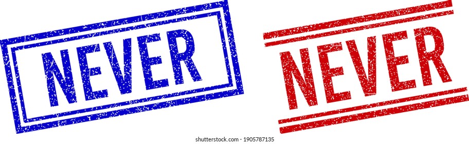NUNCA las marcas de caucho con efecto de grunge. Vectores diseñados con doble línea, en versión azul y roja. Texto colocado dentro del marco de doble rectángulo y líneas paralelas.