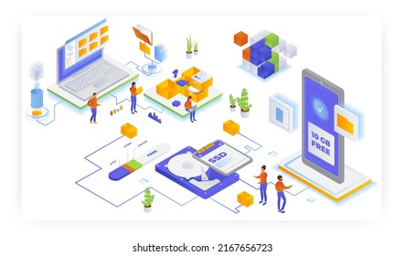 Never run out of storage. Get free 10gb data to organize stuff, vector isometric illustration.