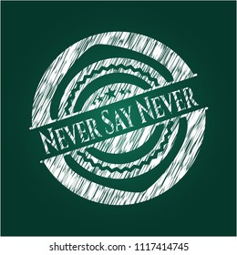 Never Say Never chalkboard emblem written on a blackboard