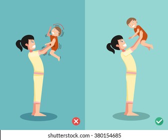 Never Shake A Baby,right And Wrong Ways For Playing With The Baby.vector Illustration