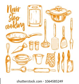 Never stop Cooking. Cooking classes and Kitchen utensil set. Vector hand drawn isolated objects. Icons in sketch style