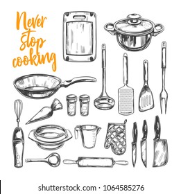Never stop Cooking. Cooking classes and Kitchen utensil set. Vector hand drawn isolated objects. Icons in sketch style