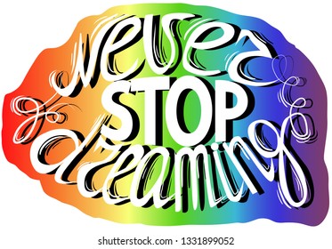 Never stop dreaming - hand lettering Inspirational quote, typography poster or card