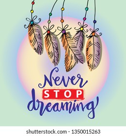 Never stop dreaming hand lettering. Motivational quote with feather.
