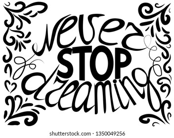 Never stop dreaming - hand lettering Inspirational quote, typography poster or card
