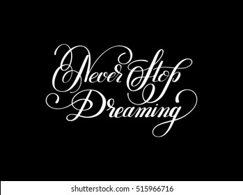 Never stop dreaming Inspirational black text motivational poster on white background, hand lettering positive quote, vector illustration