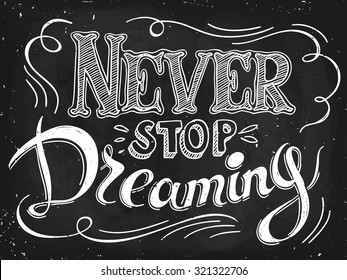 Never stop dreaming motivational poster.Vintage lettering. Blackboard calligraphy. Chalkboard poster.