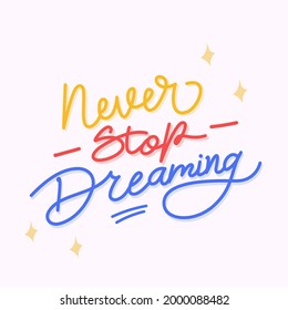 Never stop dreaming, motivational quote. Hand drawn lettering, vector illustration
