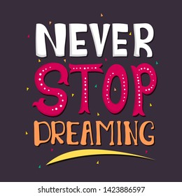 Never stop dreaming. motivational quotes. lettering typography. hand lettering. brown background