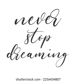 Never stop dreaming poster. Hand lettering quote typoghraphy. Black ink calygraphy. Vector template illustration.
