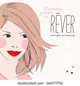 Never stop dreaming pretty fashion girl portrait illustration cover design background in vector