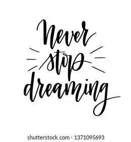 Never stop dreaming vector motivational calligraphy design. Inspiration quote for posters, mugs, prints