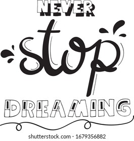 Never stop dreaming is word of hand lettering graphic design vector file