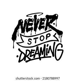 never stop dreaming.hand drawn letters.vector illustration.black inscription.modern typography design perfect for poster,banner,t shirt,greeting card,web design,flyer and different uses