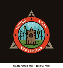 Never stop exploring logo, camping adventure emblem design with mountains and trees. Unusual line art retro style sticker. Stock vector