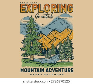 Hören Sie nie auf zu forschen. Bergabenteuer-Kunstwerk. Mountain Outdoors zum Hemd Vektordesign. Mountain erkunden Vintage-Kunstwerke für Bekleidung, Aufkleber, Stapel, Hintergrund, Poster und andere.