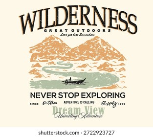 Hören Sie nie auf zu forschen. Traumblick auf die Berge. Entdecken Sie mehr Vektordruck-Design für T-Shirt und andere. Berggrafisches Druckdesign für Bekleidung, Aufkleber, Poster und Hintergrund. Abenteuer-Kunstwerke.