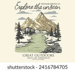 Never stop exploring. Mountain track. Explore more vector print design for t shirt and others. Mountain graphic print design for apparel, stickers, posters and background. Adventure artwork.