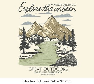 Never stop exploring. Mountain track. Explore more vector print design for t shirt and others. Mountain graphic print design for apparel, stickers, posters and background. Adventure artwork.