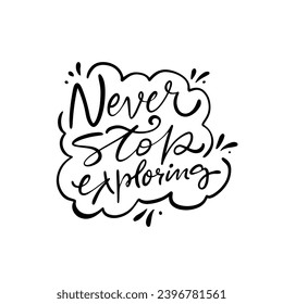 Never stop exploring phrase in dynamic calligraphic lettering on a white background. Energetic strokes convey movement and adventure, inspiring curiosity and continuous discovery.