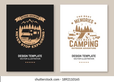 Never stop exploring. Summer camp. Vector illustration Concept for shirt or logo, print, stamp or tee. Vintage typography design with RV Motorhome, mountain and forest silhouette.