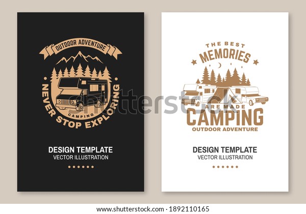 Never stop\
exploring. Summer camp. Vector illustration Concept for shirt or\
logo, print, stamp or tee. Vintage typography design with RV\
Motorhome, mountain and forest\
silhouette.