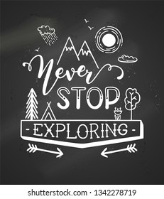 Never stop exploring. Unique hand-drawn quote. Vector chalk lettering on blackboard background. Ready to use prints for poster, mug, banner, bag, card or t-shirt design.