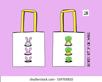 Never Stop Growing. Cute Little Rabbit And Baby Carrot Play In The Garden. Tote Canvas Bag Design. Fashion Textile Prints For Kids. Set Of Hand Drawn Vector Elements.
