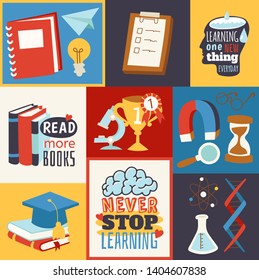 Never stop learning concept banner, poster. Read more books. Learning one new thing every day. Chemistry, physics and sport cartoon elements vector illustration. Science equipment. Piles of books.