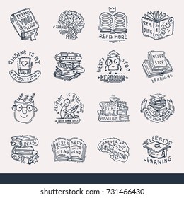 Never stop learning and read education motivation phrases logo badge imagination concept love reading hand drawn lettering quotes book vector illustration template design. Motivational calligraphy