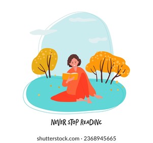 Never stop reading. Smiling woman sitting on grass lawn and reading book in nature. Leisure, repose and relaxation, Autumn nature. Flat cartoon vector isolated illustration isolated. Read more books