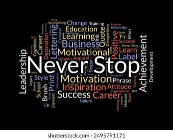 Never Stop wordcloud template. Business concept vector background.
