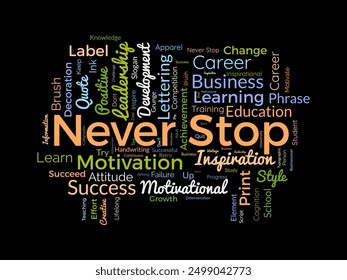 Never Stopp WordCloud-Vorlage. Geschäftskonzept, Vektorhintergrund.