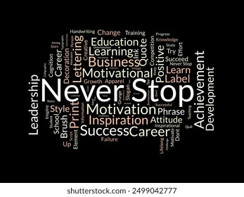 Never Stop wordcloud template. Business concept vector background.