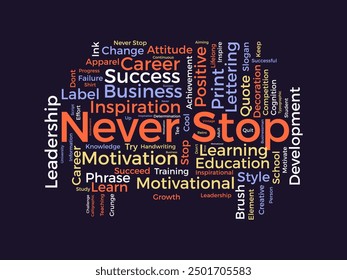 Nunca Detenga la Plantilla de wordcloud. Concepto de negocio de fondo de Vector.