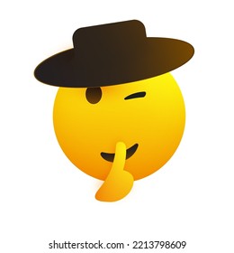 Never Tell! - Winking, Cheeky Face with Black Hat Gesturing - Finger on Lips, Make Silence Sign -  Emoticon for Social Media or Instant Messaging App Isolated on White Background -Vector Design