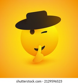 Never Tell! - Winking, Shushing Face with Black Hat Gesturing - Finger on Lips, Make Silence Sign -  Emoticon for Social Media or Instant Messaging App on Yellow Background -Vector Design Illustration