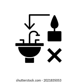 Never throw hot wax down sink black glyph manual label icon. Clogging sink risk. Leftover wax disposal. Silhouette symbol on white space. Vector isolated illustration for product use instructions