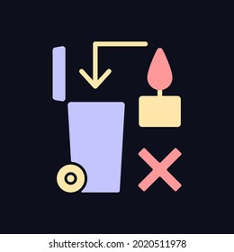 Werfen Sie nie heißes Wachs in Mülleimer RGB Farbkennzeichnung Symbol für dunkles Thema. Einzige Vektorgrafik auf Hintergrund im Nachtmodus. Einfache, ausgefüllte Linienzeichnung für die Gebrauchsanweisung des Produkts auf Schwarz