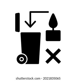 Never throw hot wax in trash bin black glyph manual label icon. Heated wax danger. Flammable liquid waste. Silhouette symbol on white space. Vector isolated illustration for product use instructions