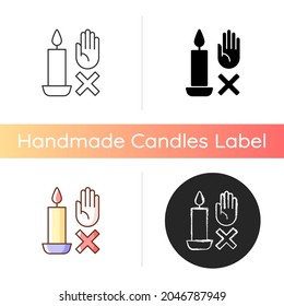 Never touch burning candle manual label icon. Safety measures. Place container on stable surface. Linear black and RGB color styles. Isolated vector illustrations for product use instructions